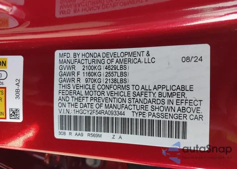 2024 Honda Accord Hybrid Sport from USA, damaged, VIN 1HGCY2F54RA093344